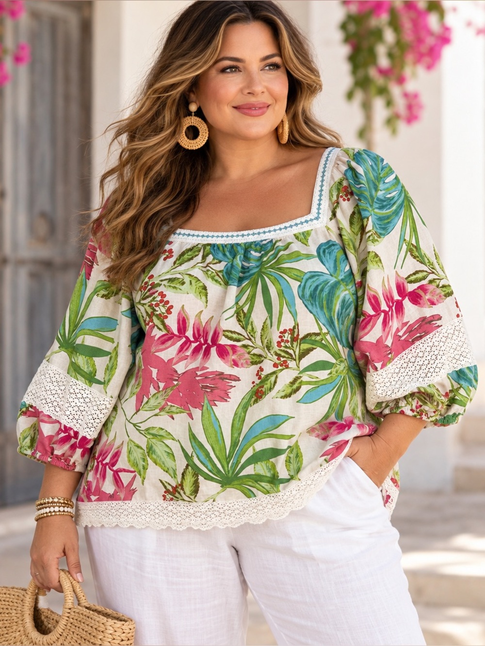 Nicole Miller New York Women’s 1X Tropical Floral Linen Lace Blouse Boho Resort